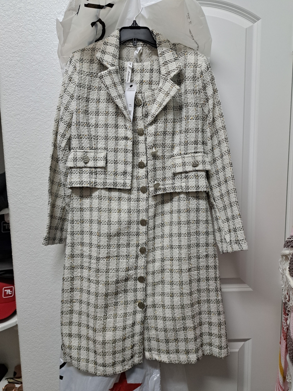 NY Collection Cream and Gray Plaid Tweed Long Coat
